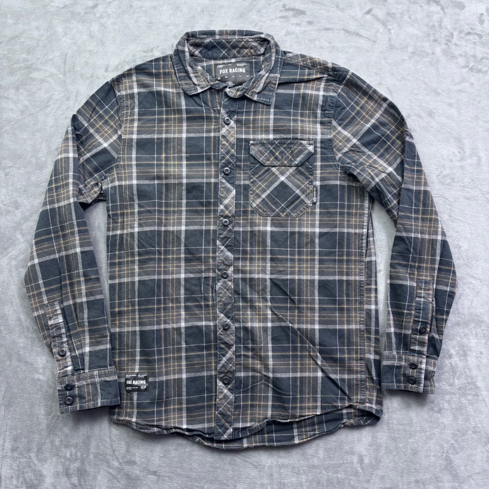 Fox Racing Mens Small Black Orange Plaid Flannel Long Sleeve Button Down Shirt